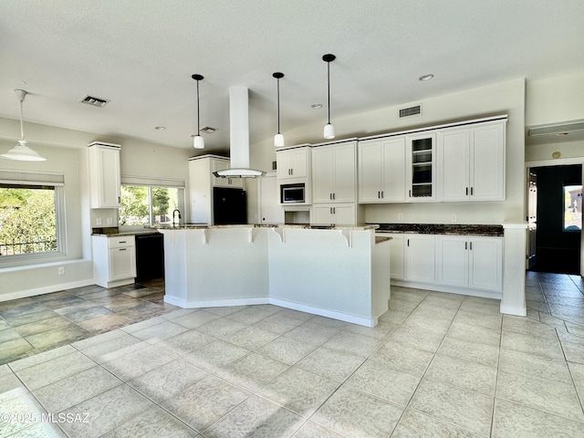 13942 N Cirrus Hill Dr, Oro Valley, AZ 85755 - kitchen featuring black appliances, baseboards, dark countertops, white cabinets, and glass insert cabinets