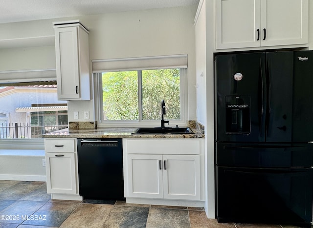 13942 N Cirrus Hill Dr, Oro Valley, AZ 85755 - kitchen with black appliances, a sink, stone counters, and white cabinetry