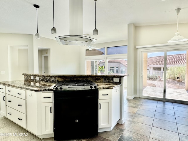 13942 N Cirrus Hill Dr, Oro Valley, AZ 85755 - kitchen featuring black range with gas stovetop, island range hood, dark stone countertops, a kitchen island, and white cabinets