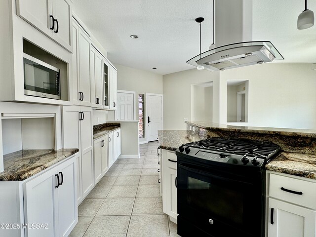 13942 N Cirrus Hill Dr, Oro Valley, AZ 85755 - kitchen with black gas range oven, island range hood, white cabinets, dark stone countertops, and light tile patterned floors