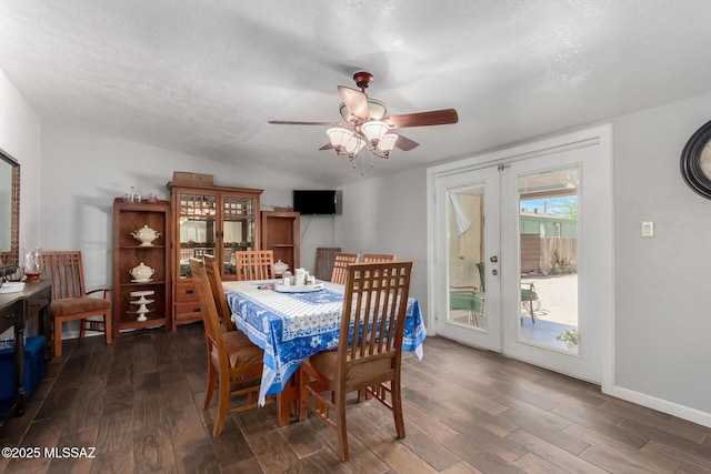 1341 E Bilby Rd, Tucson, AZ 85706 - dining room with french doors, wood finished floors, ceiling fan, a textured ceiling, and baseboards