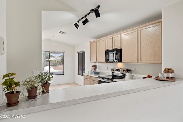 2311 N Creek Vista Dr, Tucson, AZ 85749 - kitchen with electric range, black microwave, light brown cabinets, vaulted ceiling, and rail lighting