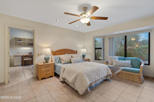 14488 N Rock Springs Ln, Oro Valley, AZ 85755 - bedroom with light tile patterned floors, a desk, recessed lighting, and ceiling fan