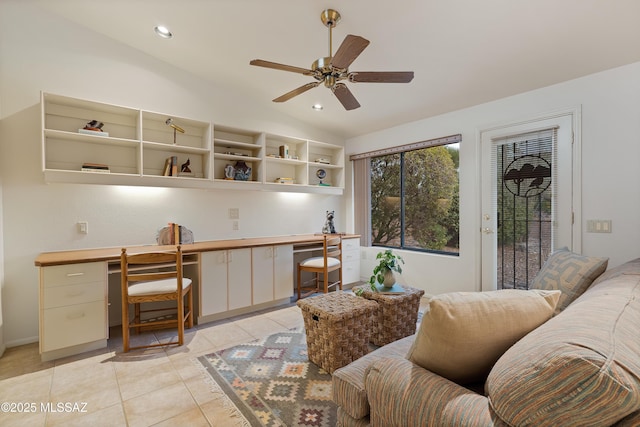 14488 N Rock Springs Ln, Oro Valley, AZ 85755 - living area with lofted ceiling, a ceiling fan, light tile patterned floors, and recessed lighting