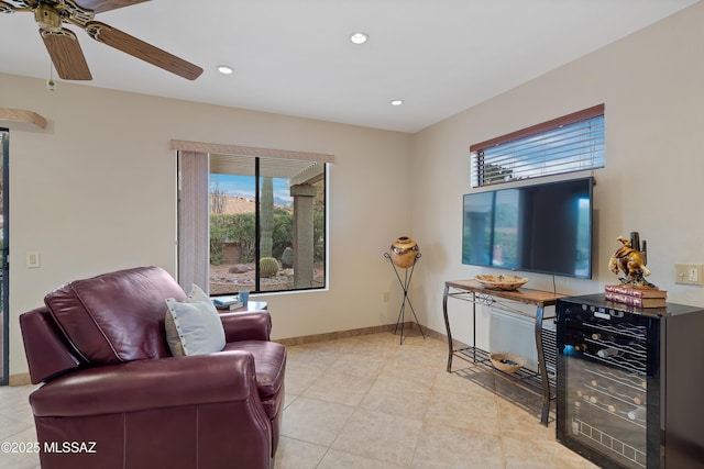 14488 N Rock Springs Ln, Oro Valley, AZ 85755 - living room with plenty of natural light, beverage cooler, a ceiling fan, recessed lighting, and baseboards