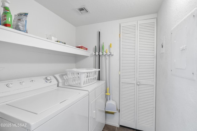 5051 N Sabino Canyon Rd Unit 2162, Tucson, AZ 85750 - washroom with electric panel, washing machine and clothes dryer, dark tile patterned flooring, and a textured ceiling