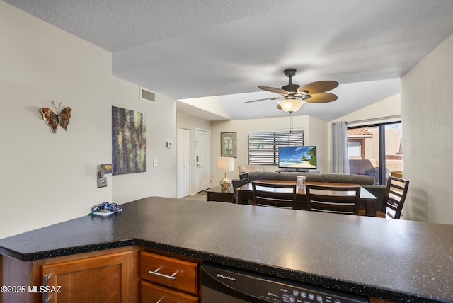 5051 N Sabino Canyon Rd Unit 2162, Tucson, AZ 85750 - kitchen with dishwasher, open floor plan, a ceiling fan, dark countertops, and lofted ceiling