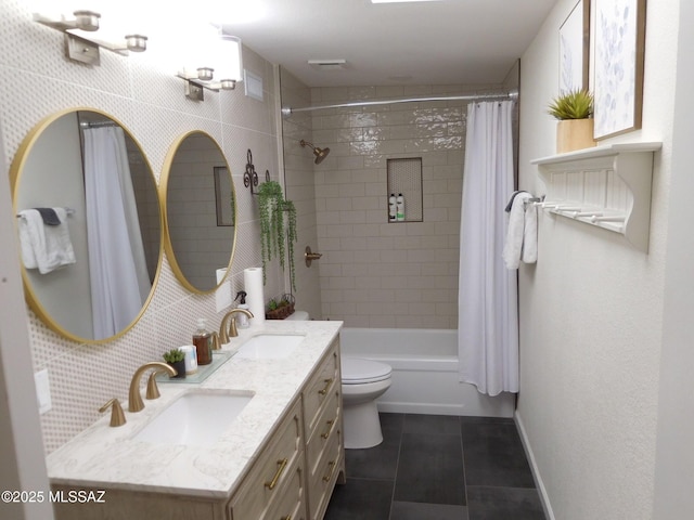 1771 S Desert Vista Dr, Tucson, AZ 85748 - bathroom with double vanity, toilet, shower / bathtub combination with curtain, and tile patterned flooring