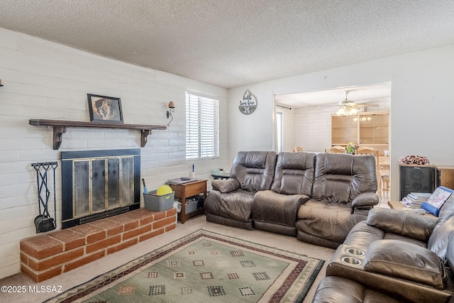 3090 W Alaska St, Tucson, AZ 85746 - living room with a textured ceiling, a brick fireplace, and carpet flooring