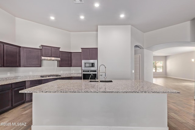 854 S Willis Ave, Vail, AZ 85641 - kitchen featuring stainless steel appliances, arched walkways, a sink, light wood-style flooring, and light stone counters