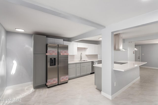 7909 E Beverly St, Tucson, AZ 85710 - kitchen featuring stainless steel appliances, wall chimney exhaust hood, a sink, light countertops, and gray cabinetry