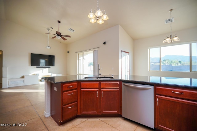 4210 S Santolina Ct, Sierra Vista, AZ 85650 - kitchen featuring dishwasher, a sink, a chandelier, lofted ceiling, and reddish brown cabinets