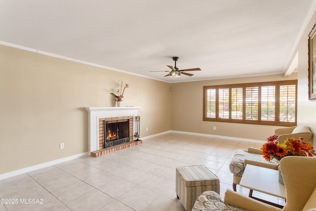 5826 E Hawthorne St, Tucson, AZ 85711 - living room with light tile patterned floors, ornamental molding, ceiling fan, a brick fireplace, and baseboards