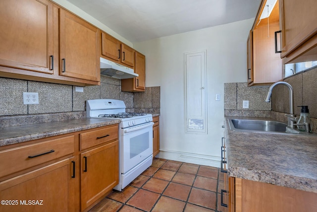 318 N Fremont Ave, Tucson, AZ 85719 - kitchen featuring white gas stove, under cabinet range hood, a sink, and decorative backsplash