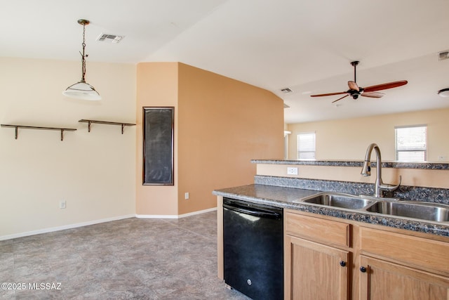 8068 S Nautilus Dr, Tucson, AZ 85756 - kitchen with dishwasher, a sink, dark countertops, ceiling fan, and light brown cabinetry