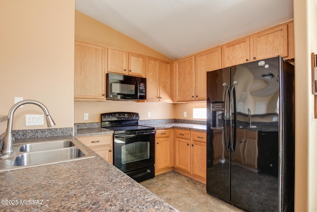 8068 S Nautilus Dr, Tucson, AZ 85756 - kitchen with black appliances, a sink, light brown cabinetry, and lofted ceiling