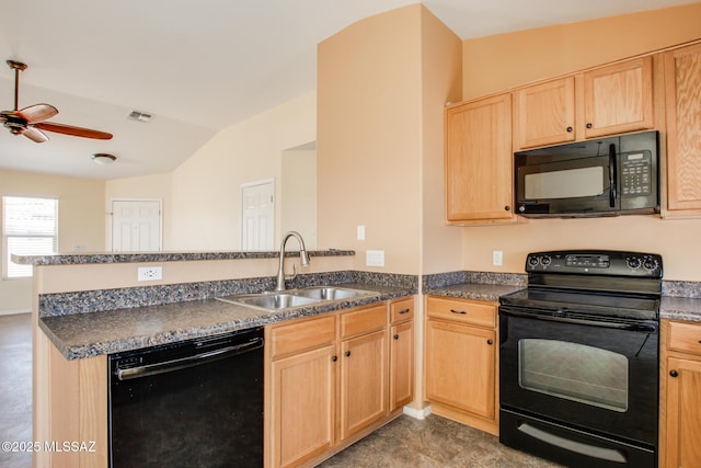 8068 S Nautilus Dr, Tucson, AZ 85756 - kitchen with black appliances, light brown cabinets, a peninsula, a sink, and dark countertops