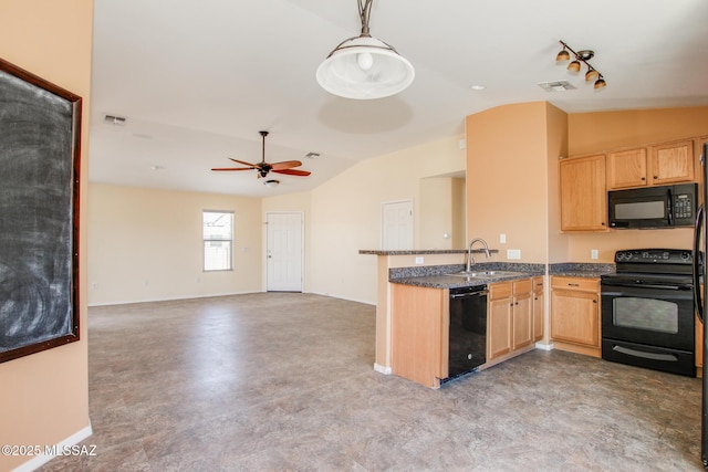8068 S Nautilus Dr, Tucson, AZ 85756 - kitchen with black appliances, vaulted ceiling, a sink, light brown cabinets, and a peninsula