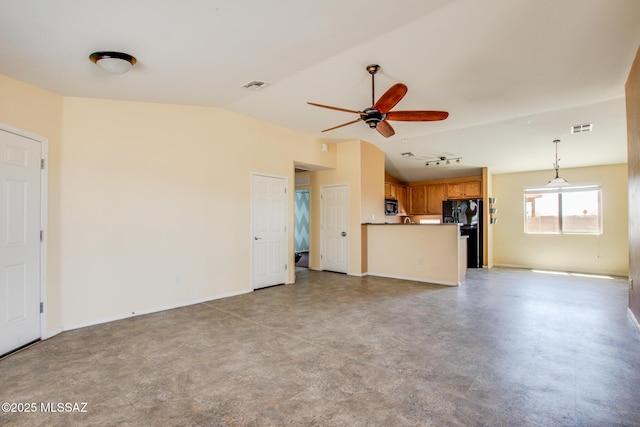 8068 S Nautilus Dr, Tucson, AZ 85756 - unfurnished living room with lofted ceiling, ceiling fan, baseboards, and concrete floors