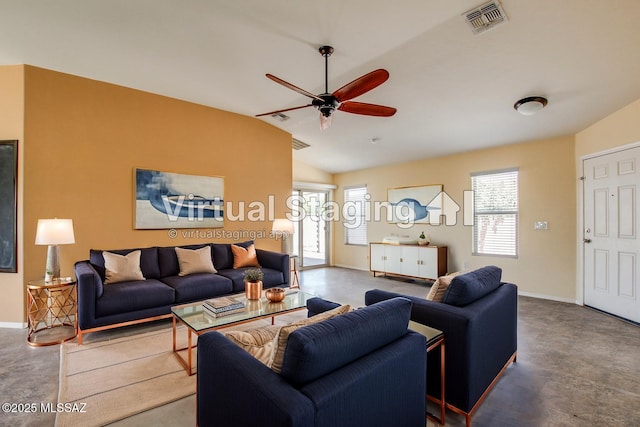 8068 S Nautilus Dr, Tucson, AZ 85756 - living room featuring lofted ceiling, a ceiling fan, and baseboards