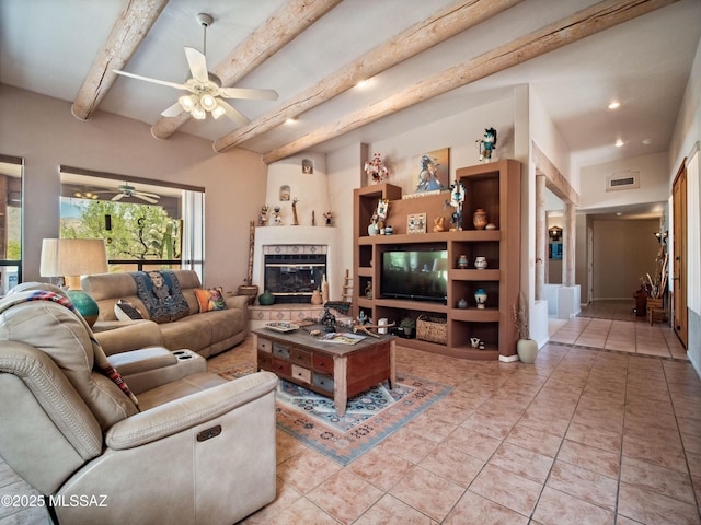 5475 E Placita De Royale, Tucson, AZ 85718 - living area featuring a ceiling fan, beam ceiling, recessed lighting, light tile patterned flooring, and a fireplace