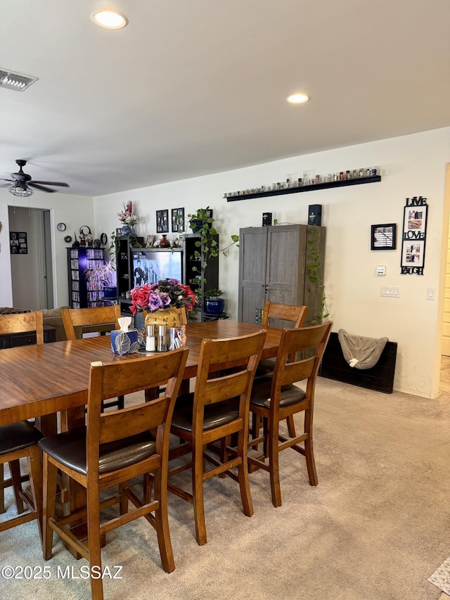 16038 S Camino Casal, Sahuarita, AZ 85629 - dining room featuring light carpet, a ceiling fan, and recessed lighting