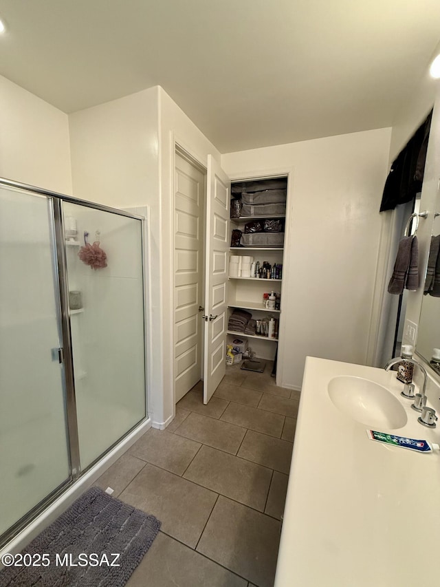 16038 S Camino Casal, Sahuarita, AZ 85629 - bathroom featuring tile patterned flooring, a shower stall, and vanity