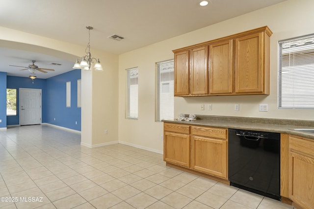 10393 Yew Pl, Tucson, AZ 85747 - kitchen with dishwasher, a ceiling fan, light tile patterned floors, baseboards, and dark countertops
