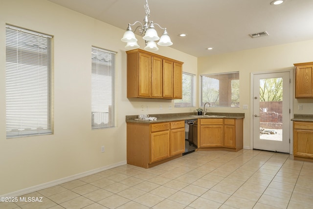 10393 Yew Pl, Tucson, AZ 85747 - kitchen with dishwasher, a sink, light tile patterned flooring, a chandelier, and recessed lighting
