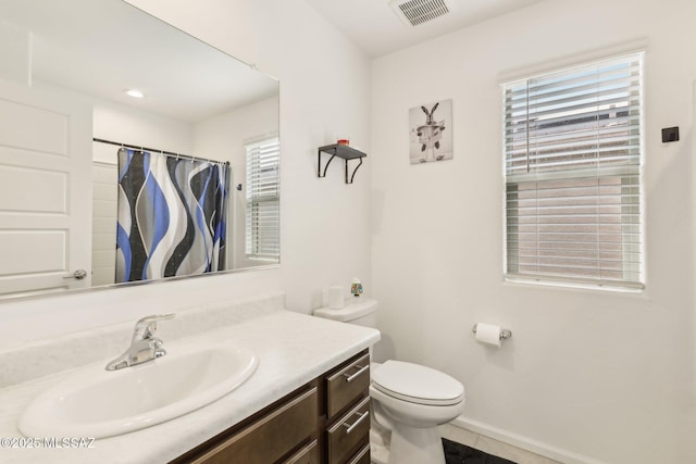 22039 E Thunderhead Dr, Red Rock, AZ 85145 - full bathroom with toilet, vanity, baseboards, a shower with curtain, and tile patterned floors