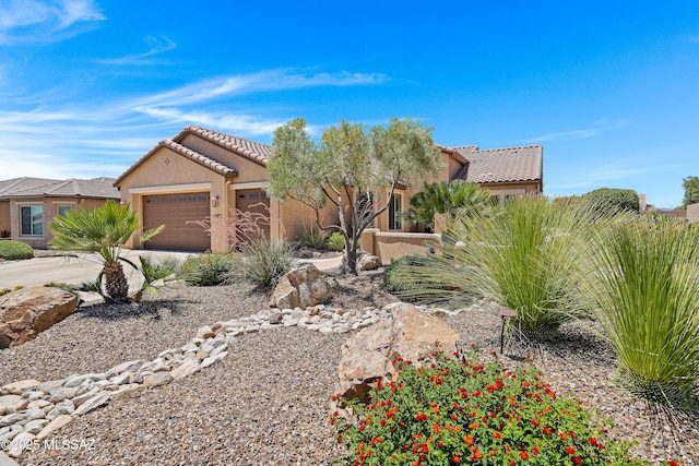 61050 E Amur Ln, Oracle, AZ 85623 - view of front facade with a tiled roof, stucco siding, a garage, and driveway
