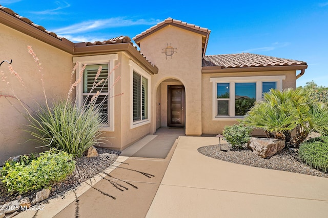 61050 E Amur Ln, Oracle, AZ 85623 - doorway to property featuring a tile roof and stucco siding