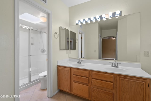 941 W Fox Ridge Ln, Oro Valley, AZ 85737 - bathroom with toilet, tile patterned flooring, double vanity, and a shower stall