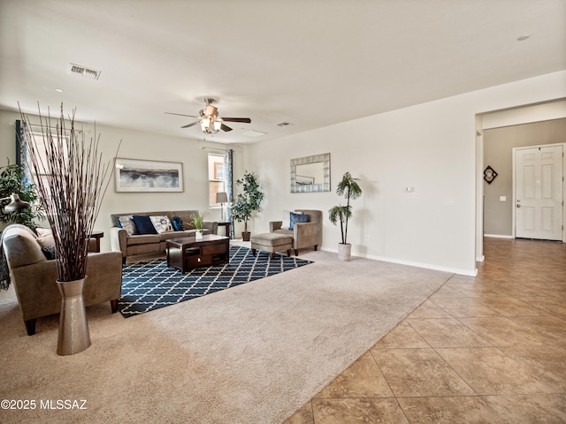 741 S Desert Haven Rd, Vail, AZ 85641 - living area with a ceiling fan, tile patterned flooring, carpet floors, and baseboards