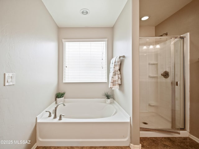 741 S Desert Haven Rd, Vail, AZ 85641 - bathroom featuring a stall shower, a bath, baseboards, and tile patterned floors