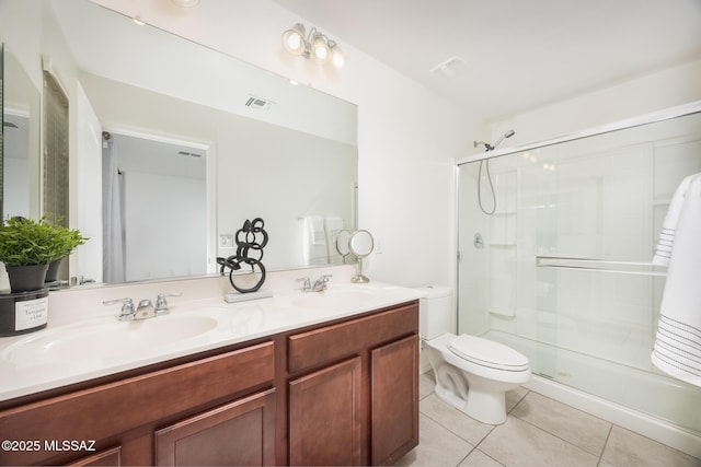 8608 N Genoa Ct, Tucson, AZ 85742 - bathroom featuring tile patterned flooring, double vanity, a shower stall, and toilet