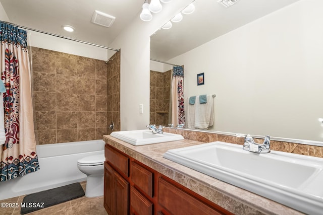 11370 E Creosote Range Dr, Tucson, AZ 85747 - full bathroom with shower / bath combo with shower curtain, double vanity, toilet, and tile patterned flooring