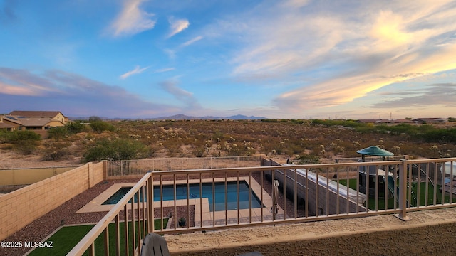 11370 E Creosote Range Dr, Tucson, AZ 85747 - view of pool featuring a fenced backyard, a mountain view, and a patio