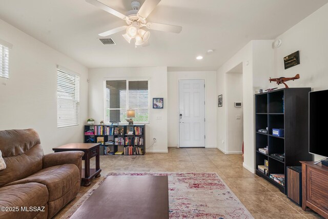 11370 E Creosote Range Dr, Tucson, AZ 85747 - living area with a ceiling fan, baseboards, light tile patterned floors, and recessed lighting