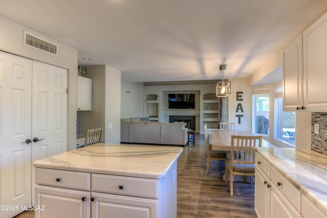 952 S Rincon Rising Rd, Tucson, AZ 85748 - kitchen featuring a fireplace, dark wood-type flooring, white cabinets, light stone counters, and open floor plan