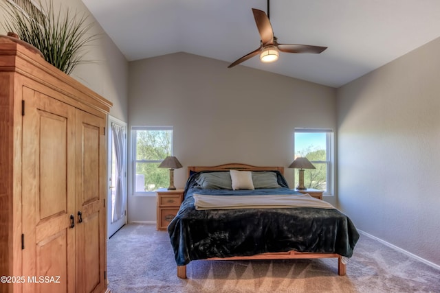952 S Rincon Rising Rd, Tucson, AZ 85748 - bedroom featuring light colored carpet, vaulted ceiling, and ceiling fan
