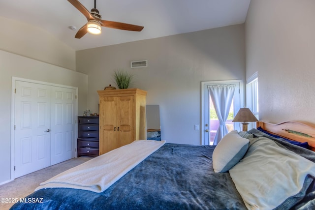 952 S Rincon Rising Rd, Tucson, AZ 85748 - bedroom with carpet floors, high vaulted ceiling, and a ceiling fan