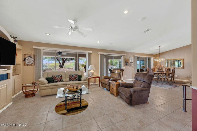 65535 E Rose Ridge Dr, Saddlebrooke, AZ 85739 - living room with light tile patterned flooring, a chandelier, ceiling fan, lofted ceiling, and recessed lighting