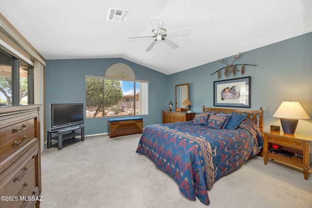 65535 E Rose Ridge Dr, Saddlebrooke, AZ 85739 - carpeted bedroom featuring vaulted ceiling, multiple windows, baseboards, and ceiling fan