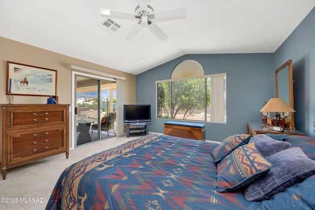 65535 E Rose Ridge Dr, Saddlebrooke, AZ 85739 - bedroom with access to exterior, light colored carpet, multiple windows, vaulted ceiling, and a ceiling fan