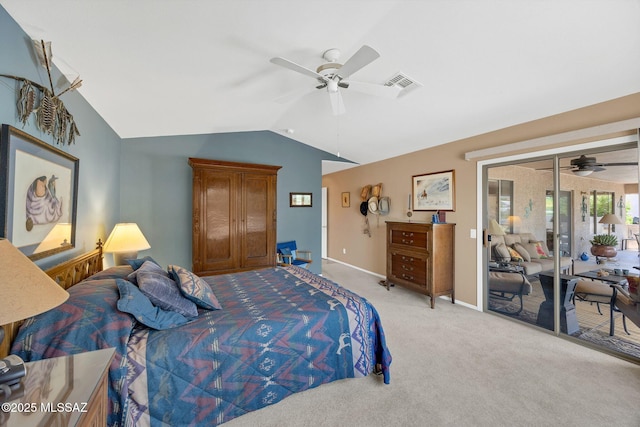 65535 E Rose Ridge Dr, Saddlebrooke, AZ 85739 - carpeted bedroom featuring lofted ceiling, a ceiling fan, baseboards, and access to outside