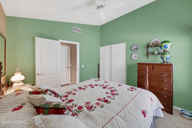 65535 E Rose Ridge Dr, Saddlebrooke, AZ 85739 - bedroom featuring carpet, a closet, high vaulted ceiling, ceiling fan, and baseboards