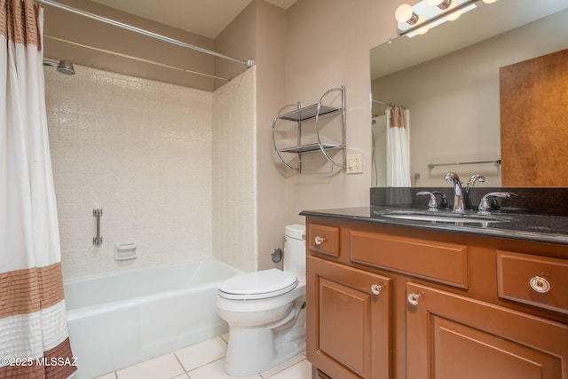 4736 N Calle Lampara, Tucson, AZ 85718 - full bathroom with tile patterned flooring, toilet, shower / bathtub combination with curtain, and vanity