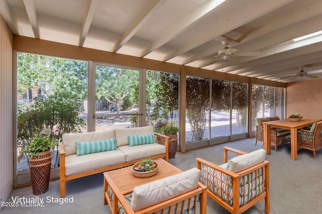4736 N Calle Lampara, Tucson, AZ 85718 - sunroom featuring a ceiling fan, an outdoor living space, beamed ceiling, and outdoor dining space