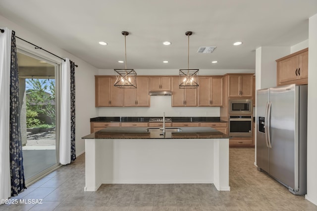 9569 N Sage Vista Ct, Tucson, AZ 85742 - kitchen with appliances with stainless steel finishes, dark countertops, under cabinet range hood, recessed lighting, and a sink